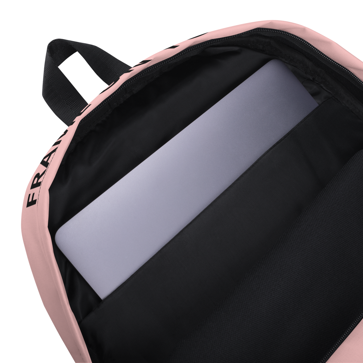 Pink backpack open showing padded laptop sleeve and black zippered compartments