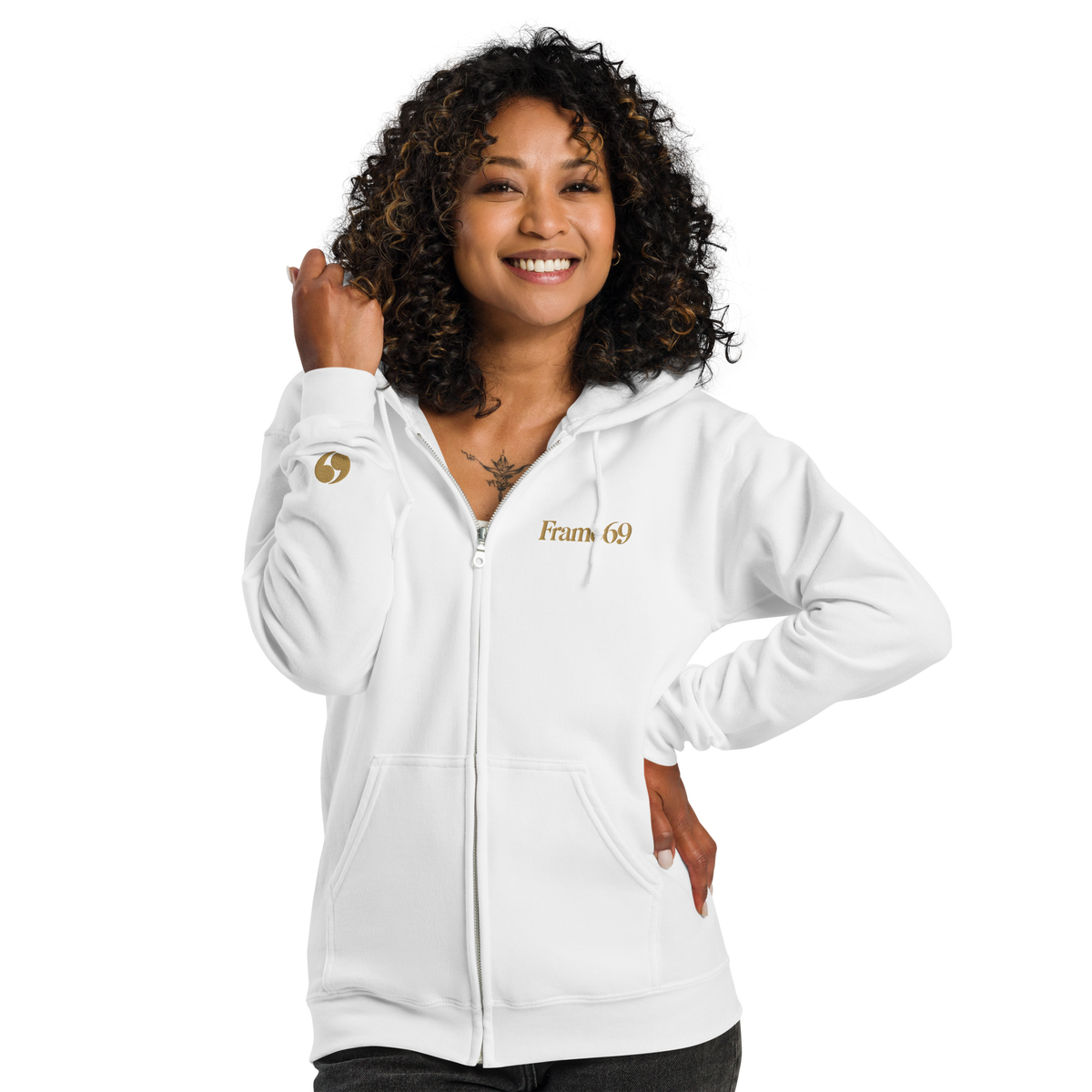 White zip-up hoodie with hood and front pockets