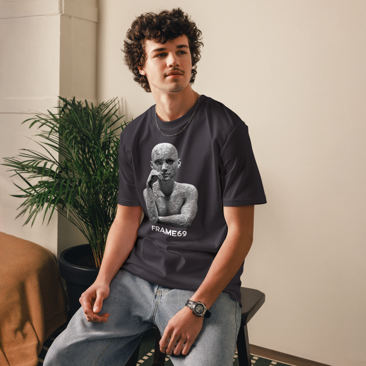 Charcoal crewneck T-shirt with gray sculpture graphic and FRAME69 text
