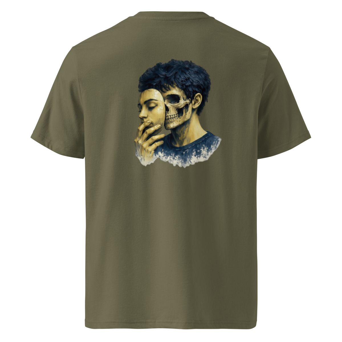 Olive khaki graphic tee with large blue skull portrait on back, crew neck, short sleeves