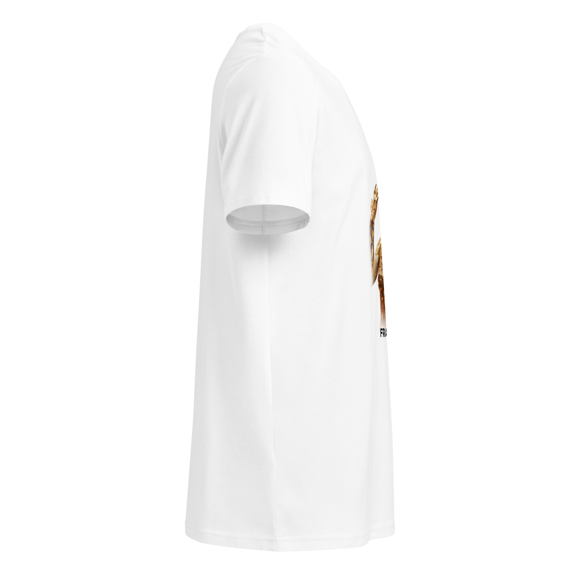 White crewneck tee, angled side view showing partial gold skeleton artwork