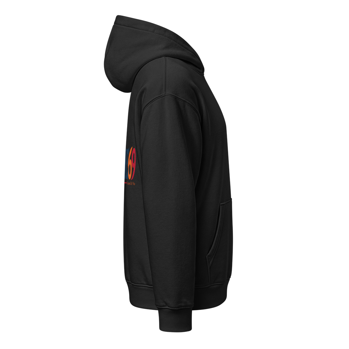 Black pullover hoodie with hood and sleeve graphic, relaxed fit.