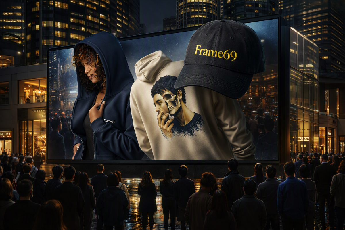 A nighttime city scene with a large outdoor billboard or screen showing fashion imagery, including a woman in a navy hoodie, a person in a light hoodie with a printed portrait, and a black cap with yellow 'Frame69' text. A crowd of people stands in front of the display, with tall lit city buildings in the background.