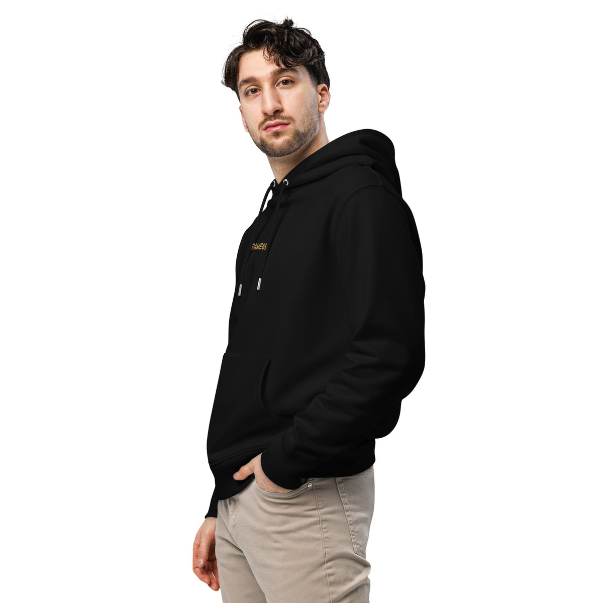 Black hoodie on model, side view with hood and front drawstrings