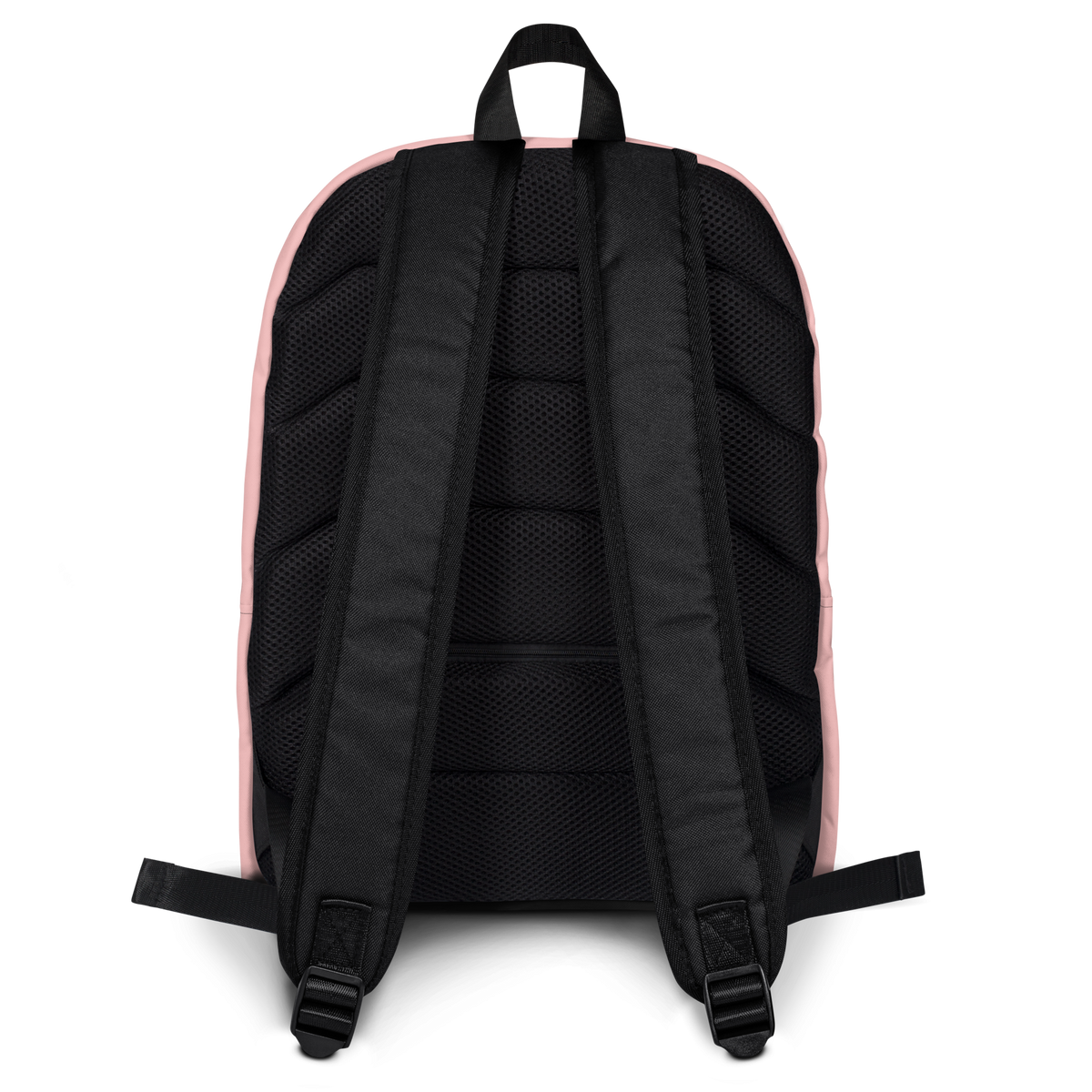 Pink and black everyday backpack with padded black mesh back panel and adjustable straps