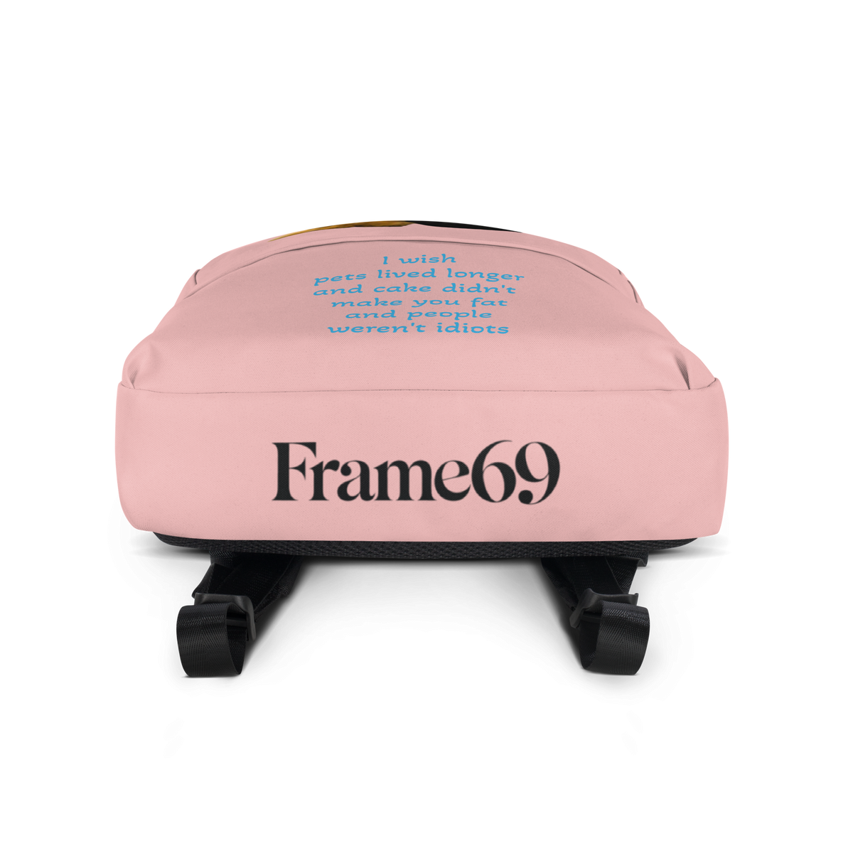 Pink everyday backpack back view showing “Frame69” text and top seam details