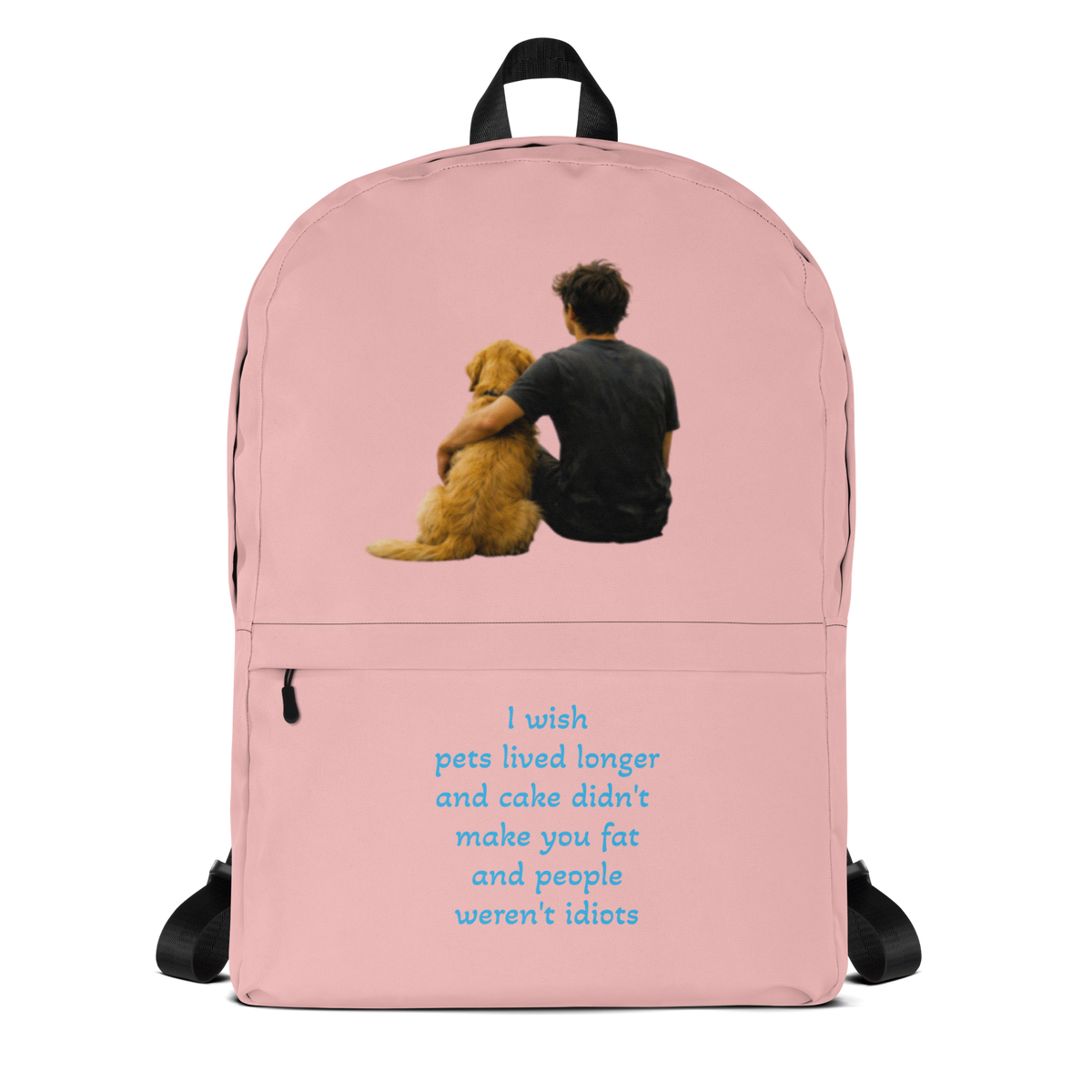 Pink everyday backpack back view with teddy bear graphic and blue motivational text