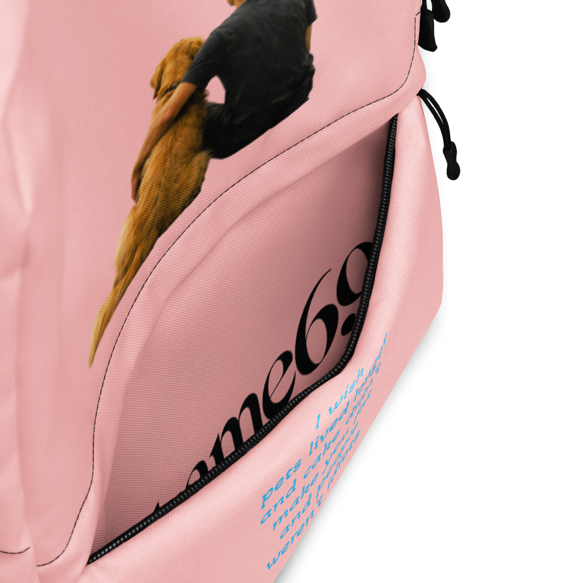 Pink backpack side panel with bold graphic print and blue text logo