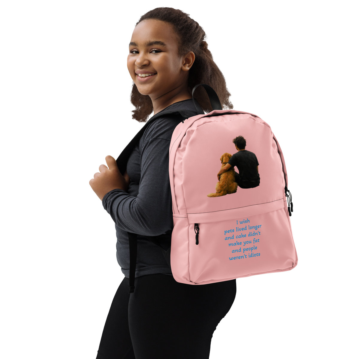 Pink everyday backpack with front graphic and light-blue text on the front panel