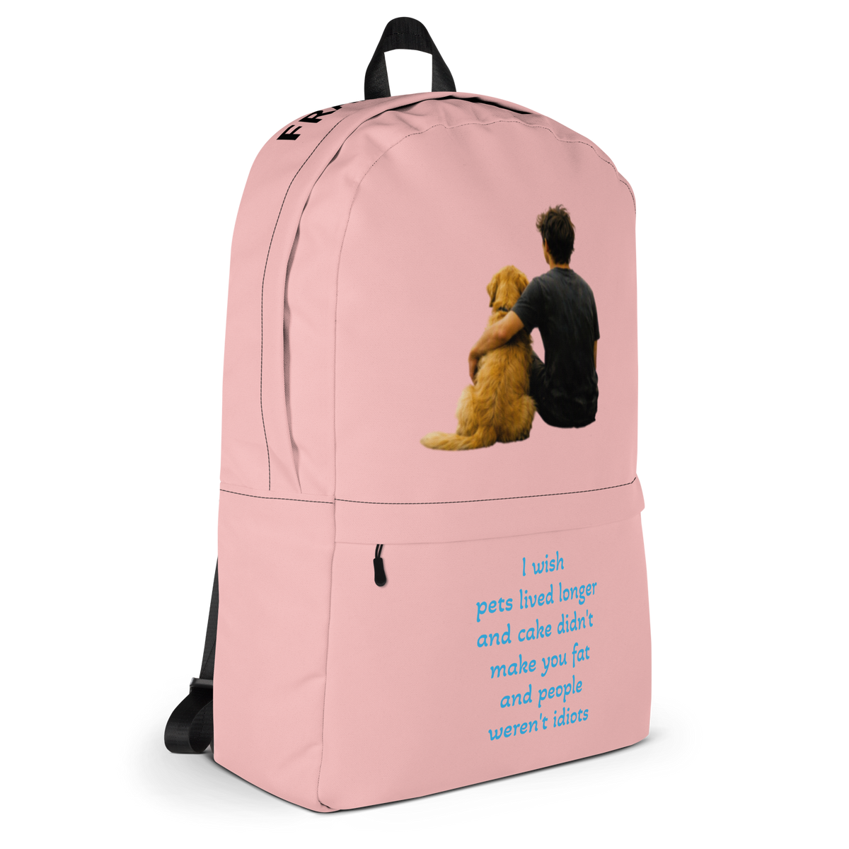 Pink everyday backpack angled view with teddy bear graphic, blue text, and front zipper