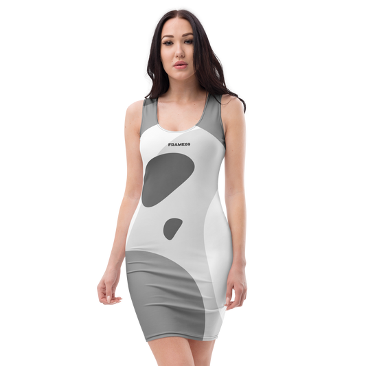 Fitted sleeveless graphic dress with scoop neck, white and gray panel print