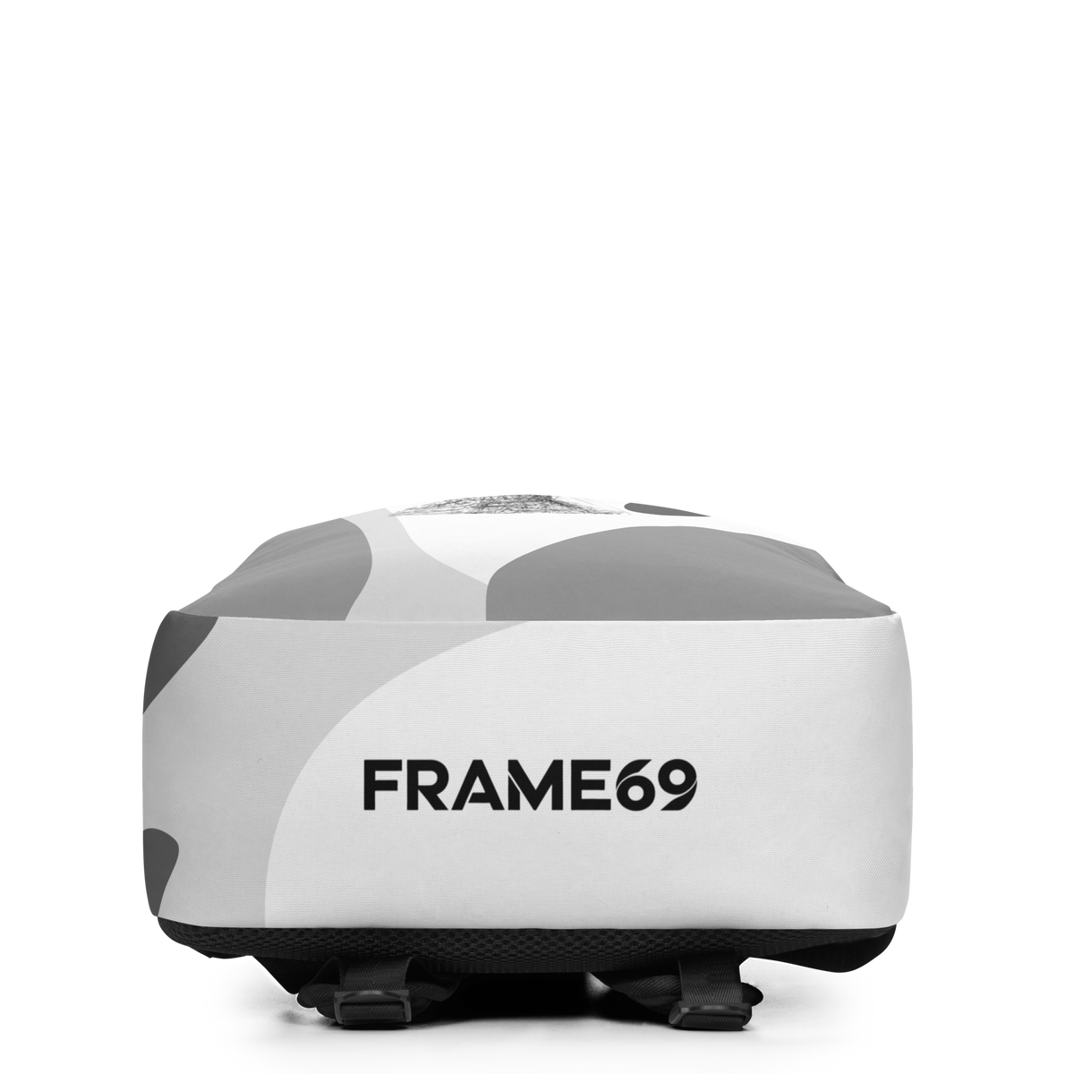 Grey and white camo backpack back panel with FRAME69 logo