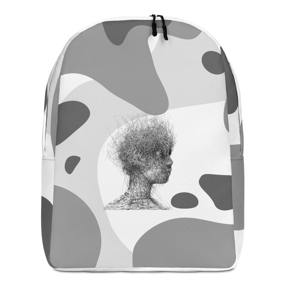 Grey and white camo backpack with top handle and zip closure