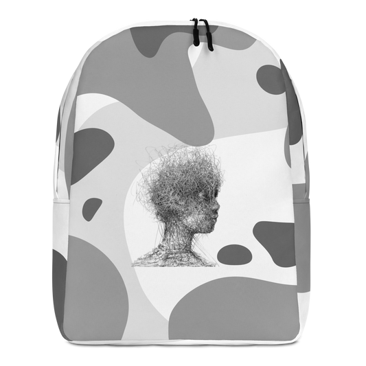 Grey and white camo backpack with top handle and zip closure