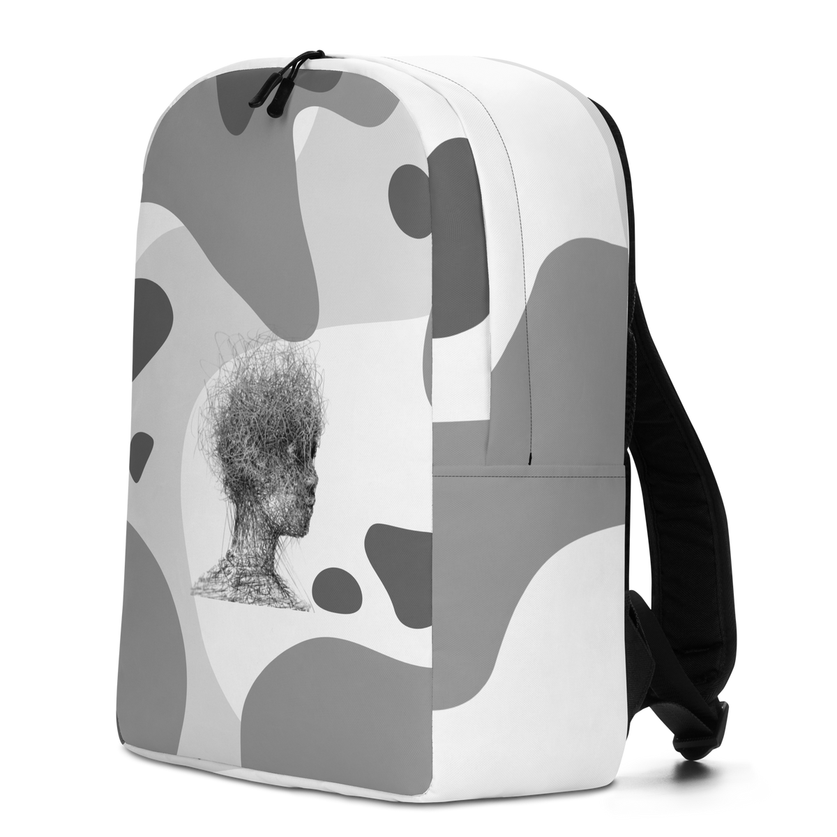 Grey and white camo backpack with side pocket and adjustable shoulder straps