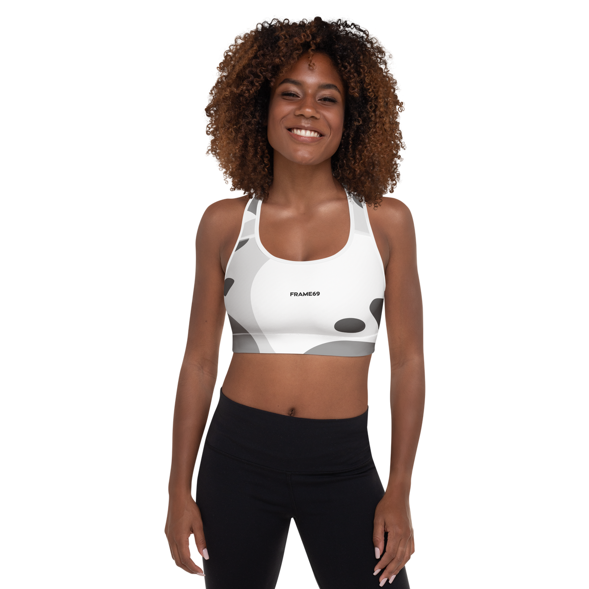 Padded graphic sports bra, white with gray abstract spots and racerback straps