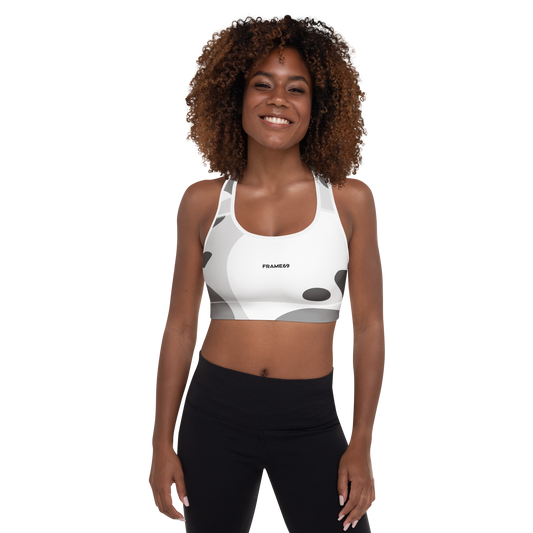 Padded graphic sports bra, white with gray abstract spots and racerback straps