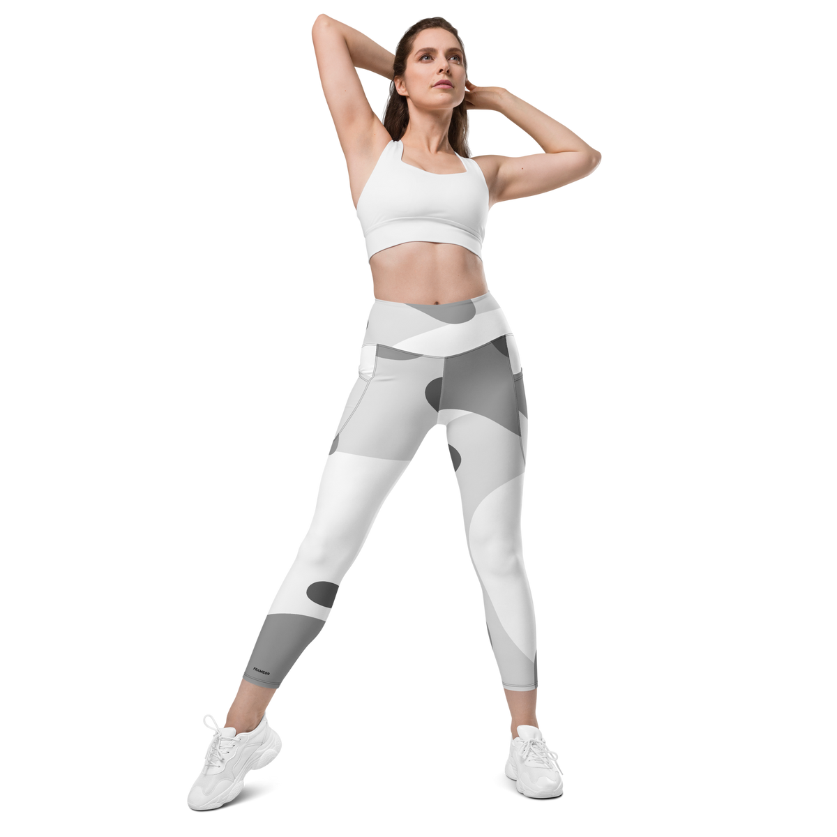 High-waisted leggings with gray-and-white camo print, ankle length