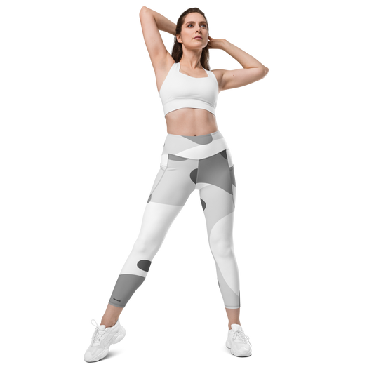 High-waisted leggings with gray-and-white camo print, ankle length