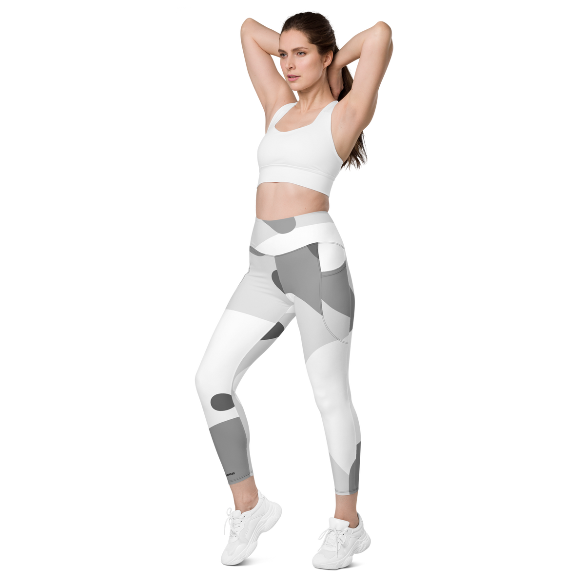 Side-view high-waisted leggings with gray-and-white camo print, ankle length