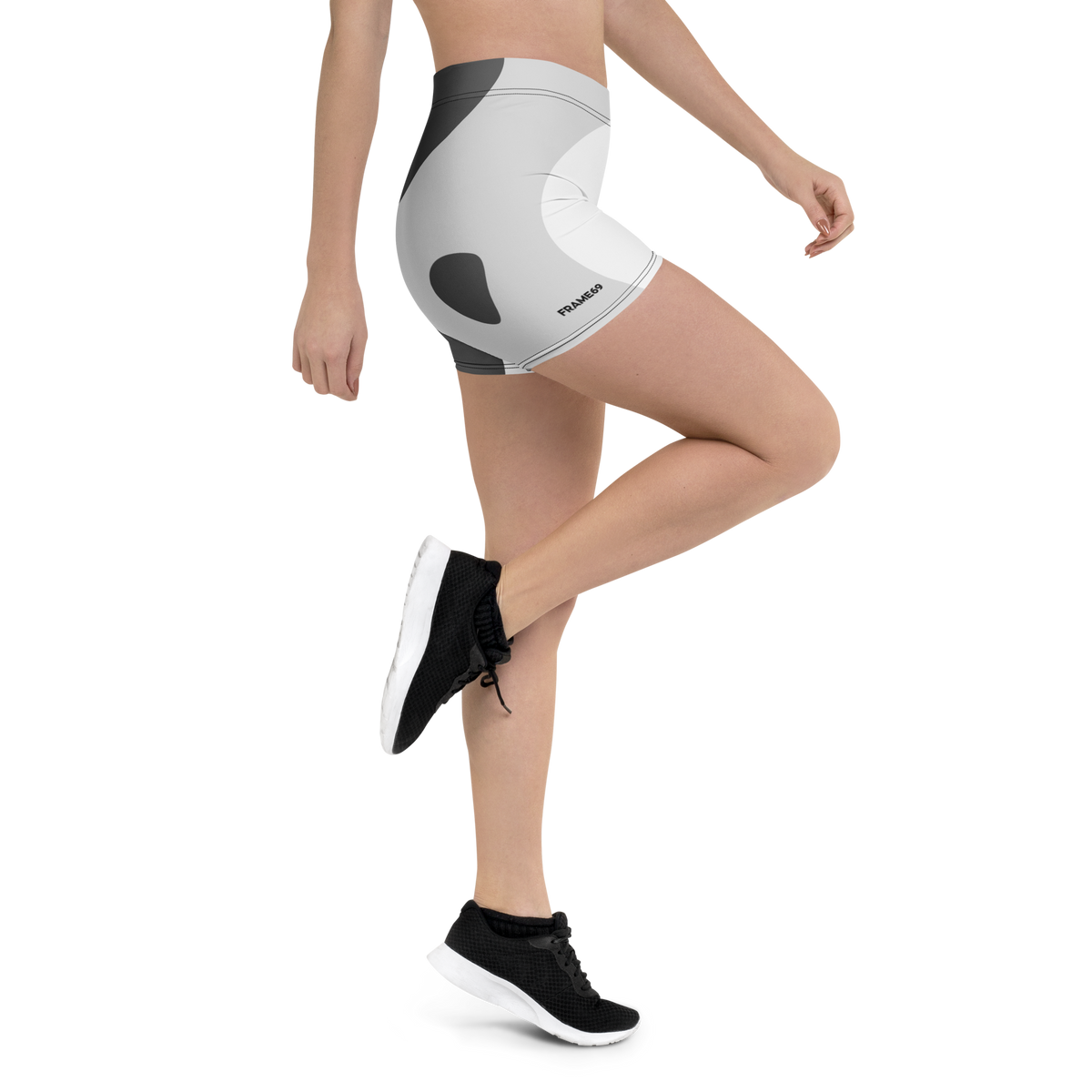 White and gray graphic stretch shorts with dark side panel and logo