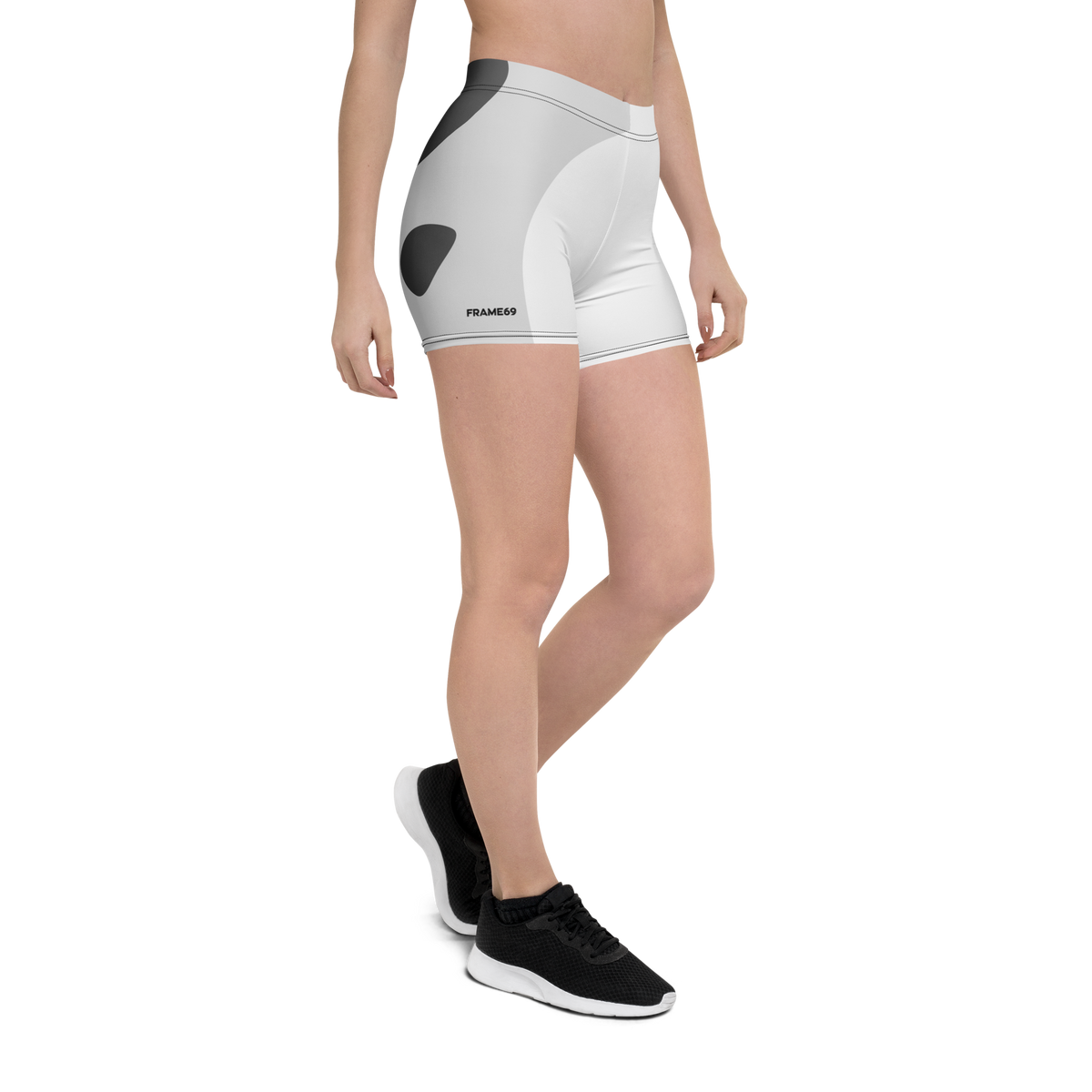 White stretch shorts with gray abstract graphic on side seam