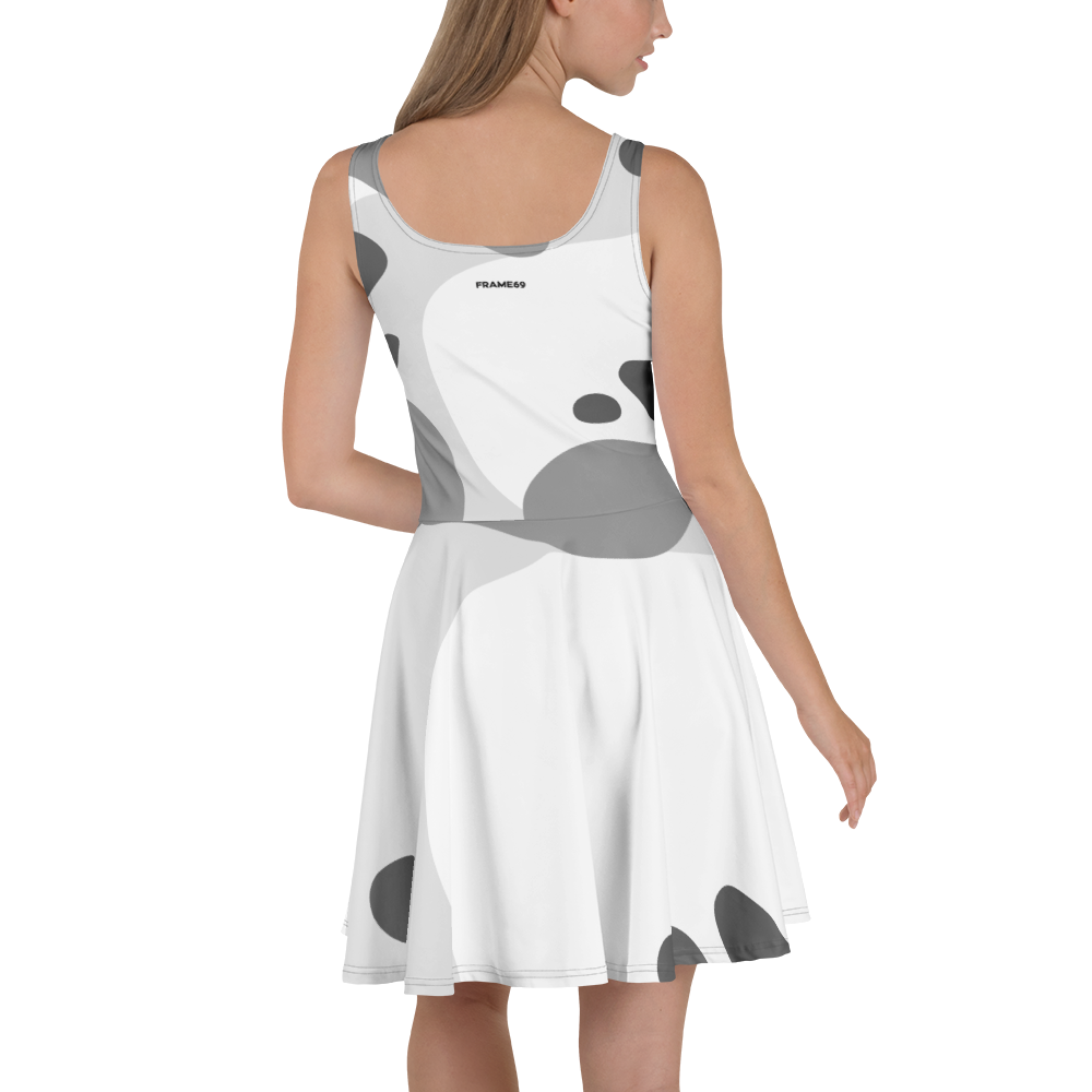 White skater dress with gray abstract spots; sleeveless scoop neck; FRAME09 graphic