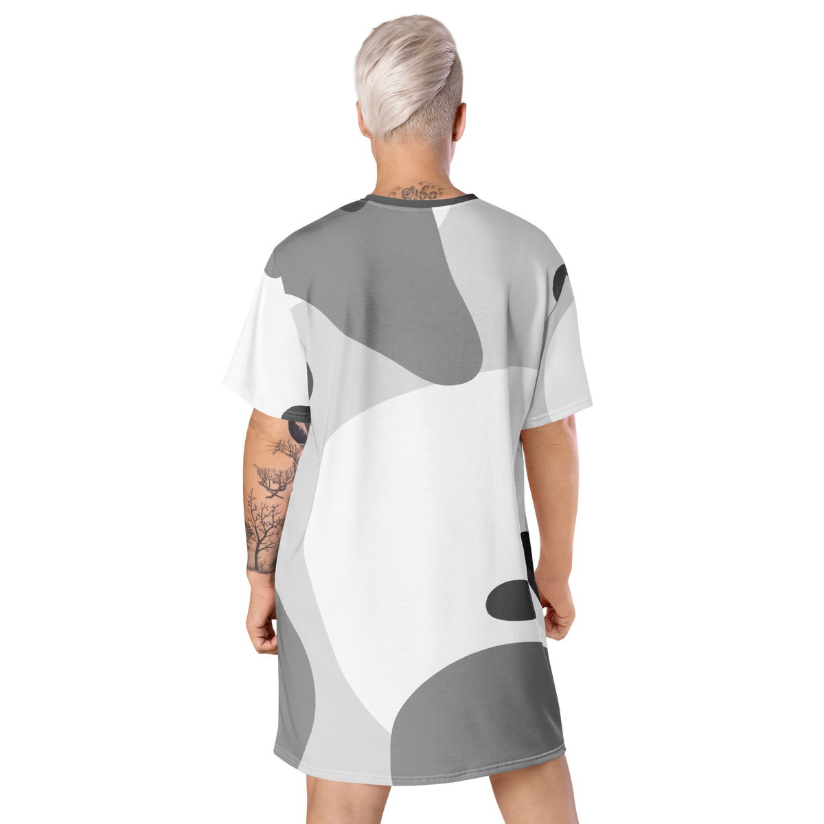 Abstract tee dress back, gray-and-white abstract shapes, short sleeves.