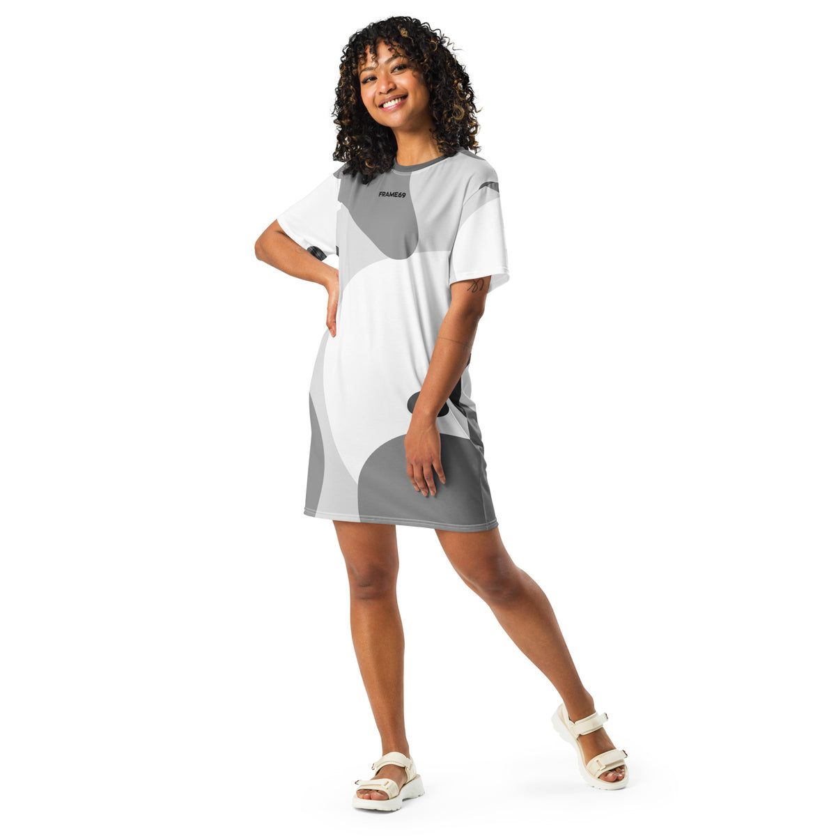 Abstract tee dress with gray-and-white graphic pattern, short sleeves, crew neck.