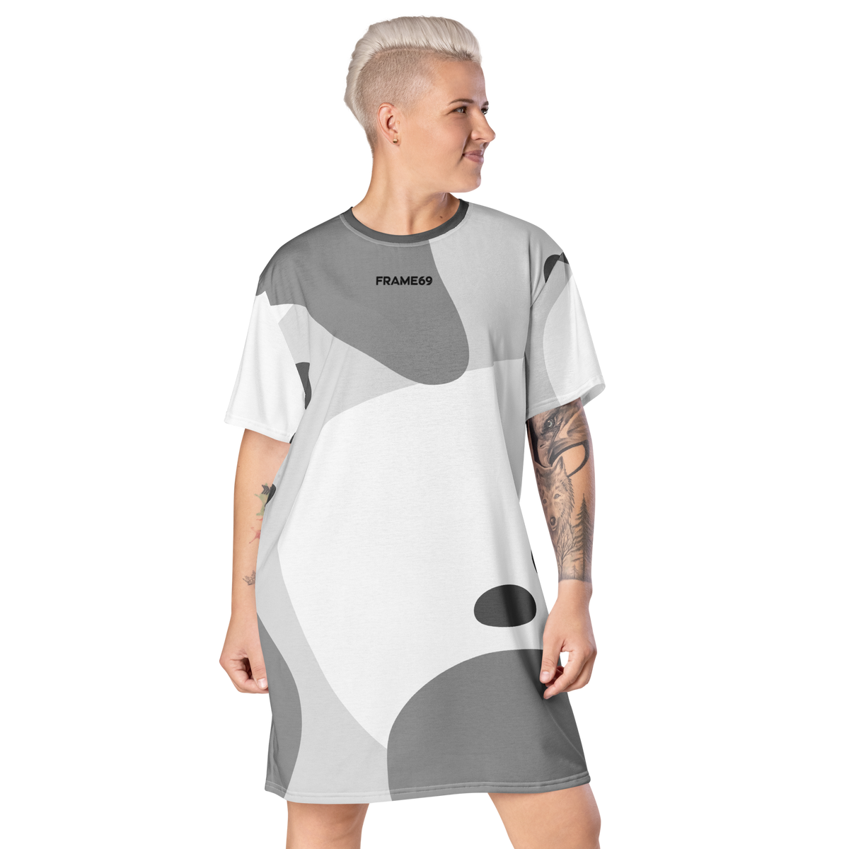 Abstract tee dress front, gray-and-white abstract print, crew neck, short sleeves.