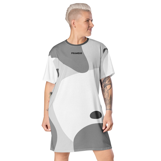 Abstract tee dress front, gray-and-white abstract print, crew neck, short sleeves.