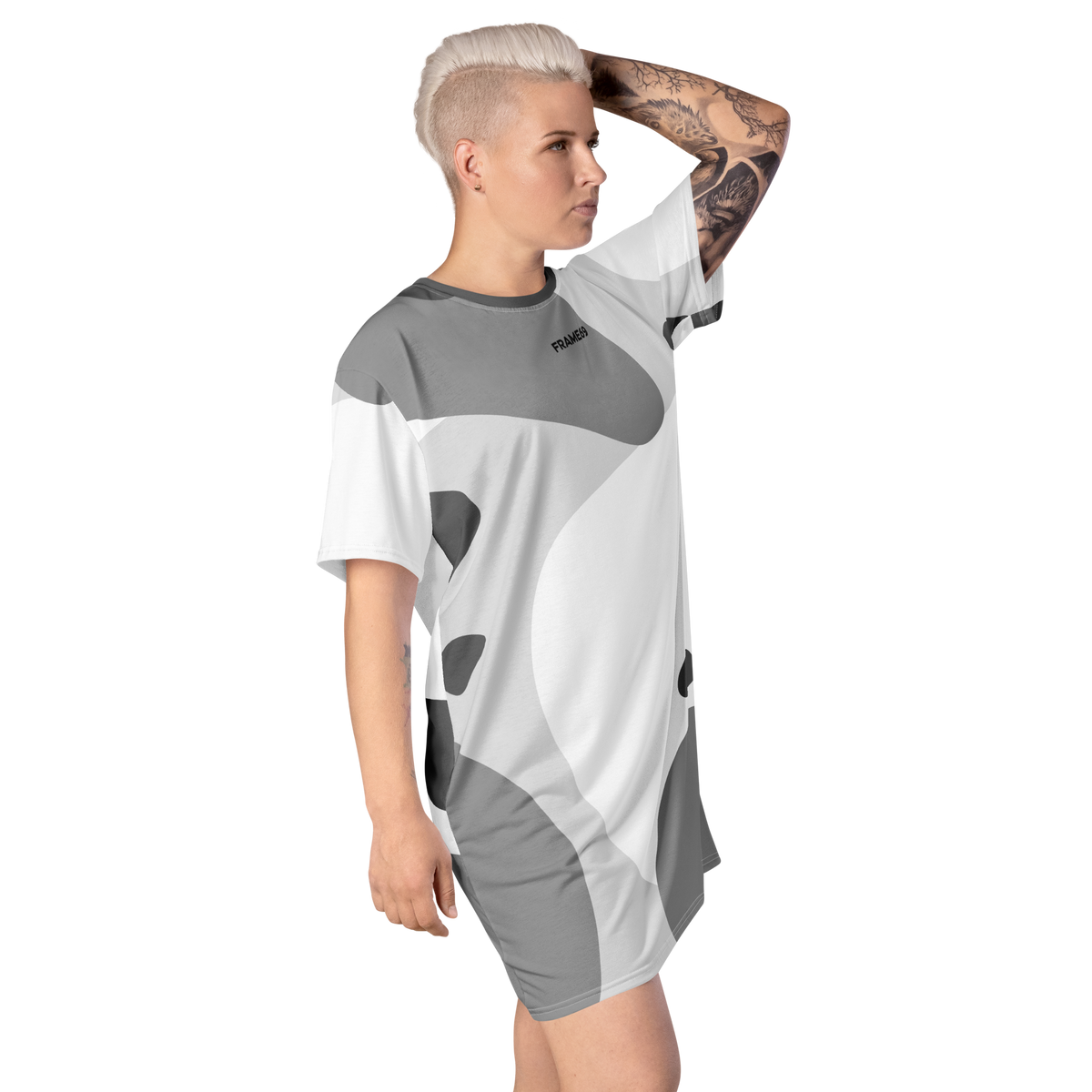 Abstract tee dress back/side view, gray-and-white abstract print, short sleeves.