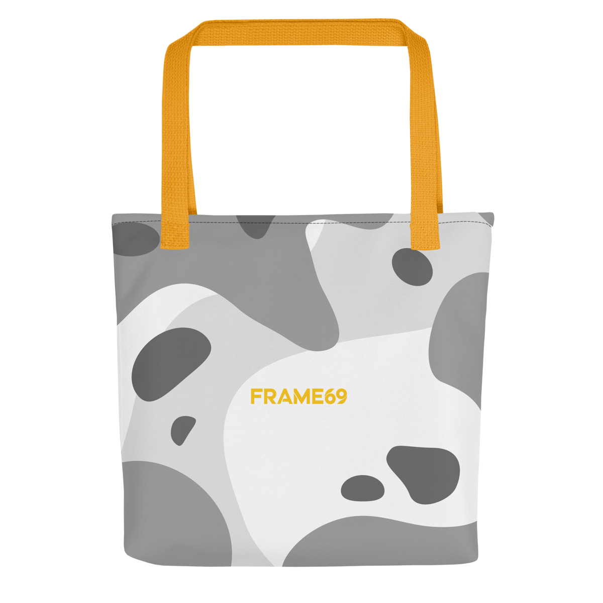 White tote bag with yellow top handles and abstract cow print, FRAME69.