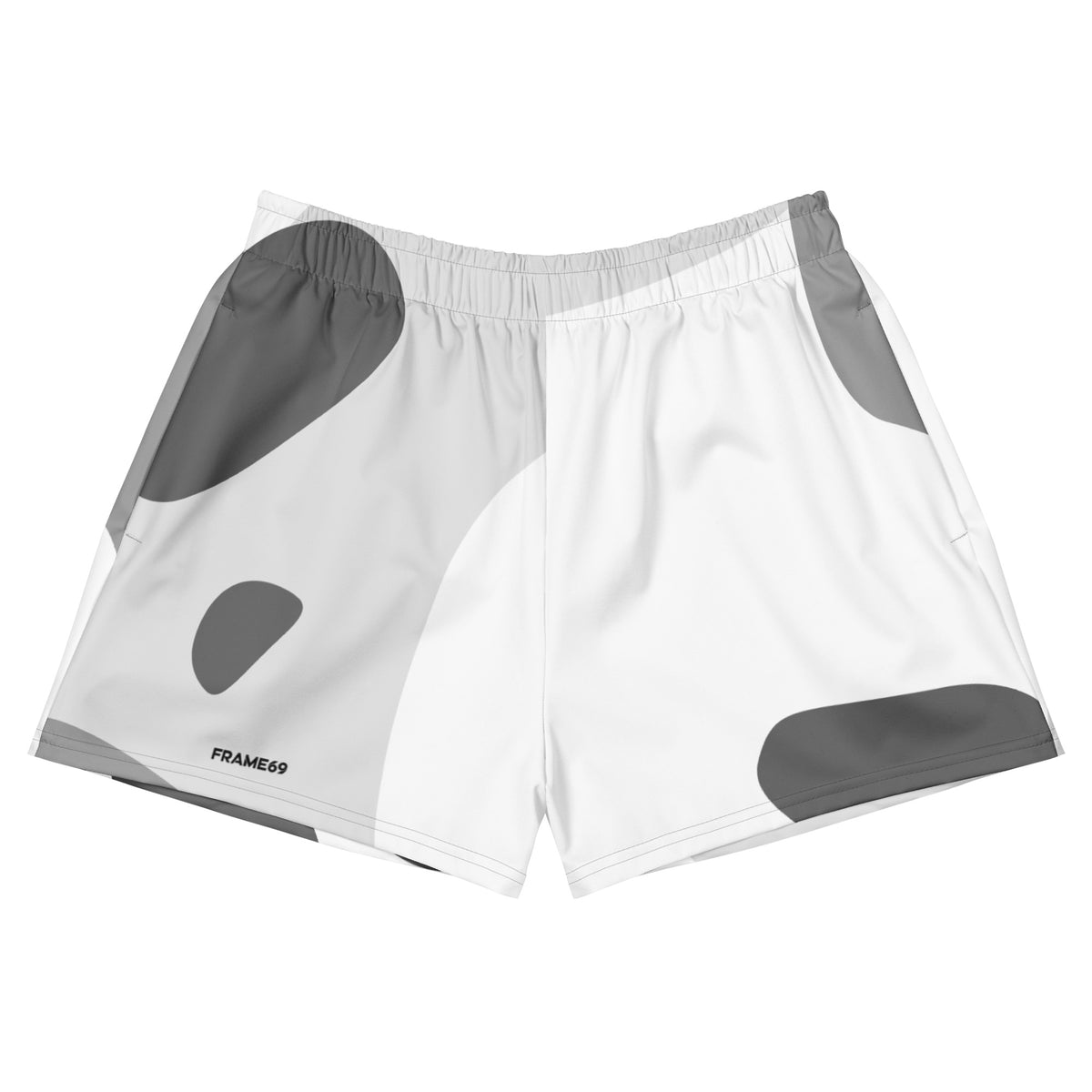 White performance shorts with gray side panels, elastic waist, pull-on style