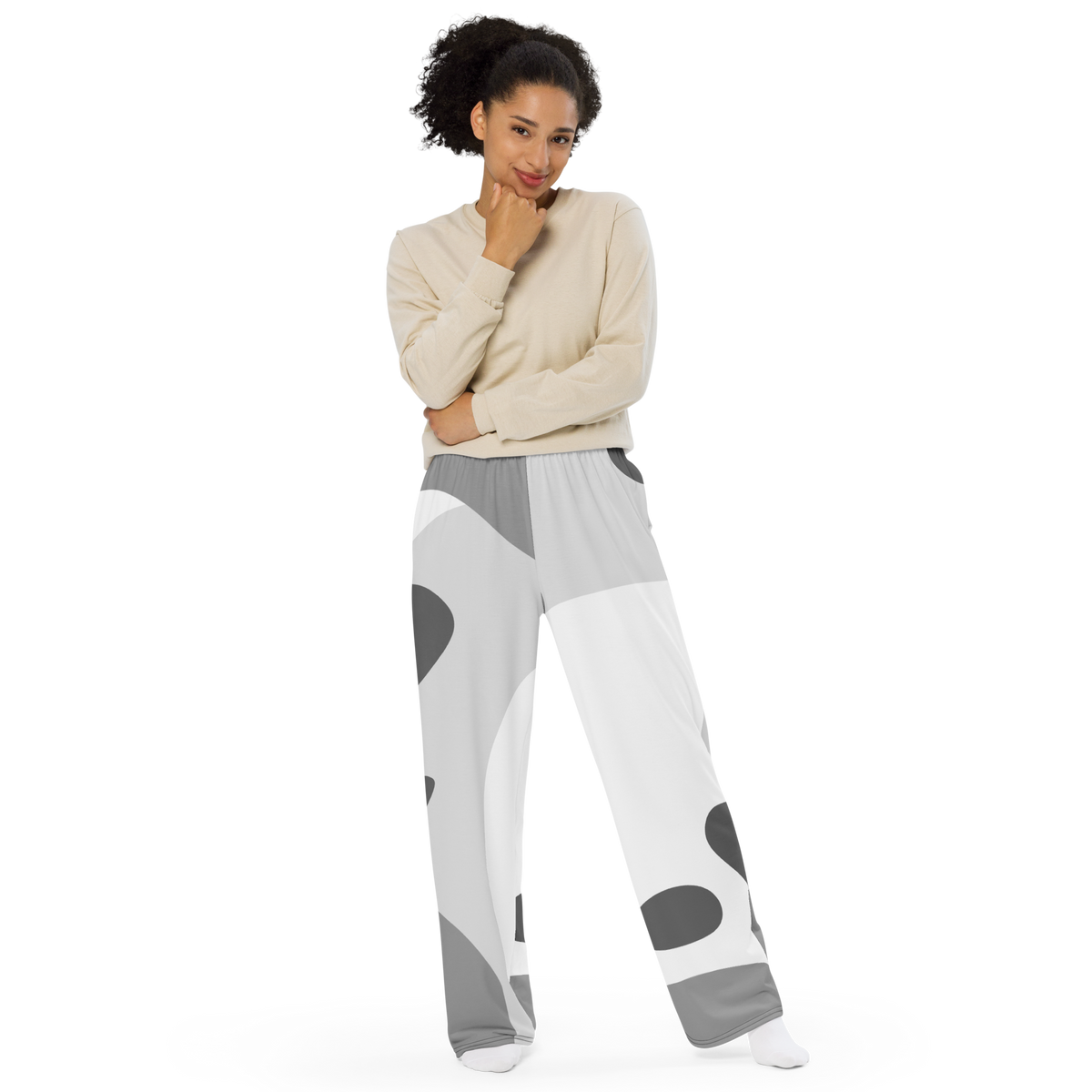 Wide-leg lounge pants with abstract gray-and-dark pattern, relaxed fit, elastic waistband.