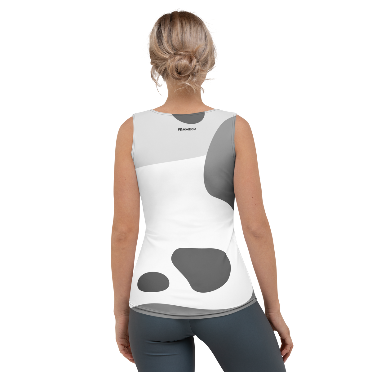 White graphic stretch tank top, back view with FRAME69 label and abstract shapes