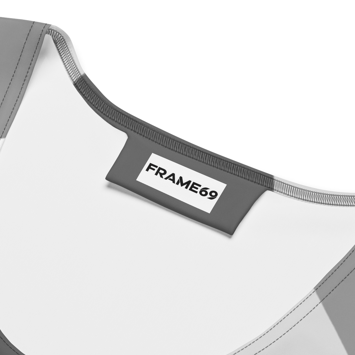 White tank top neckline with FRAME69 label and gray trim