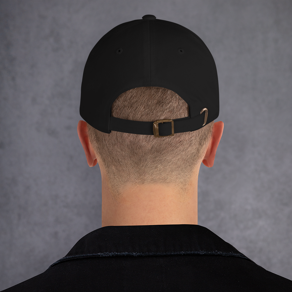 Black chino dad hat back view with adjustable strap