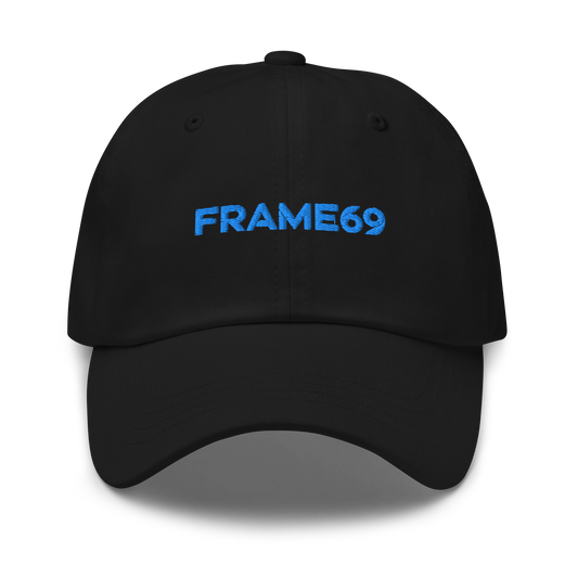 Black chino dad hat with FRAME69 front embroidery