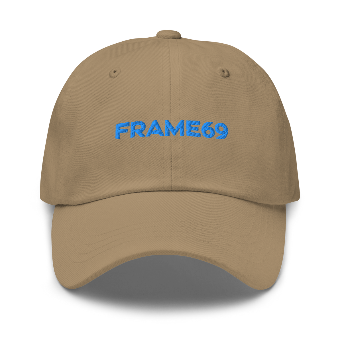 Khaki chino dad hat with FRAME69 front embroidery