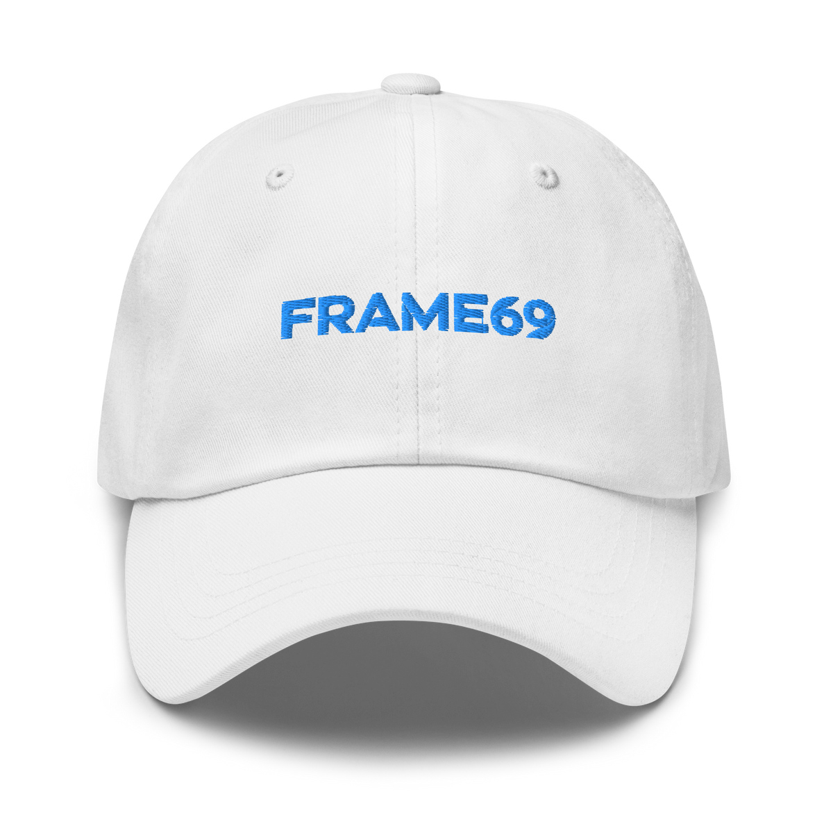 White chino dad hat with FRAME69 front embroidery