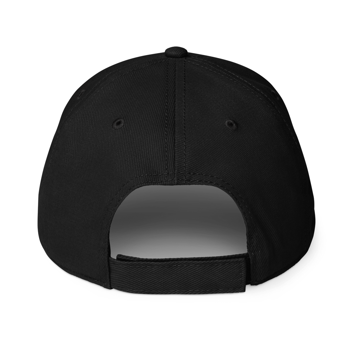 Classic cap in black, side/back view with open strap detail at the brim