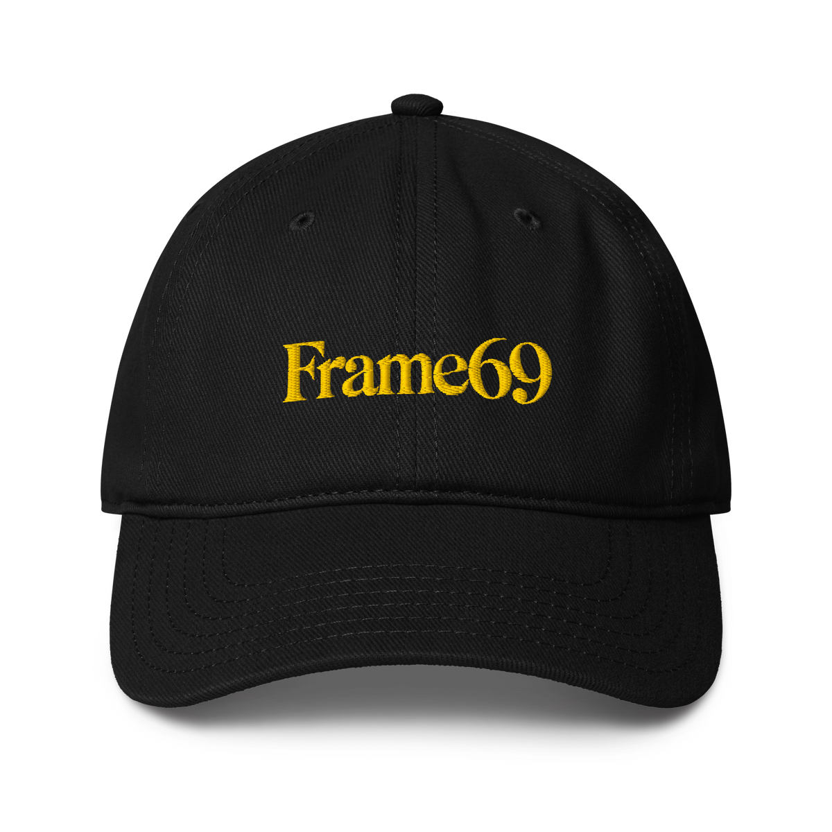 Classic cap in black with embroidered “Frame69” logo on the front panel