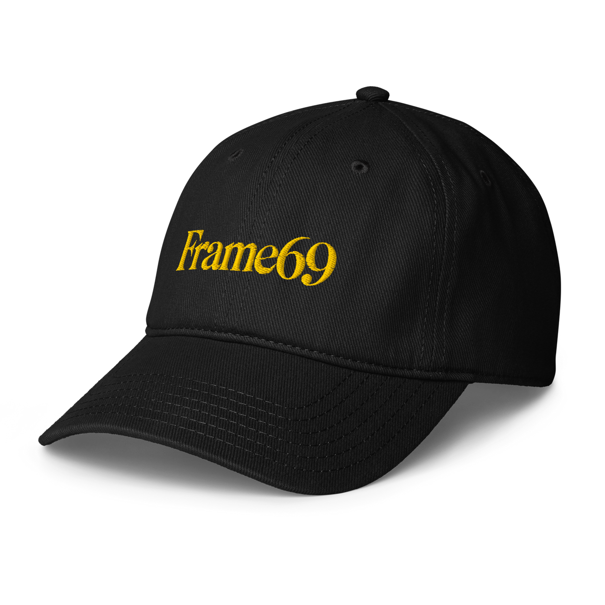 Black cap with Frame69 logo on front, curved brim, stitched panels, eyelets.