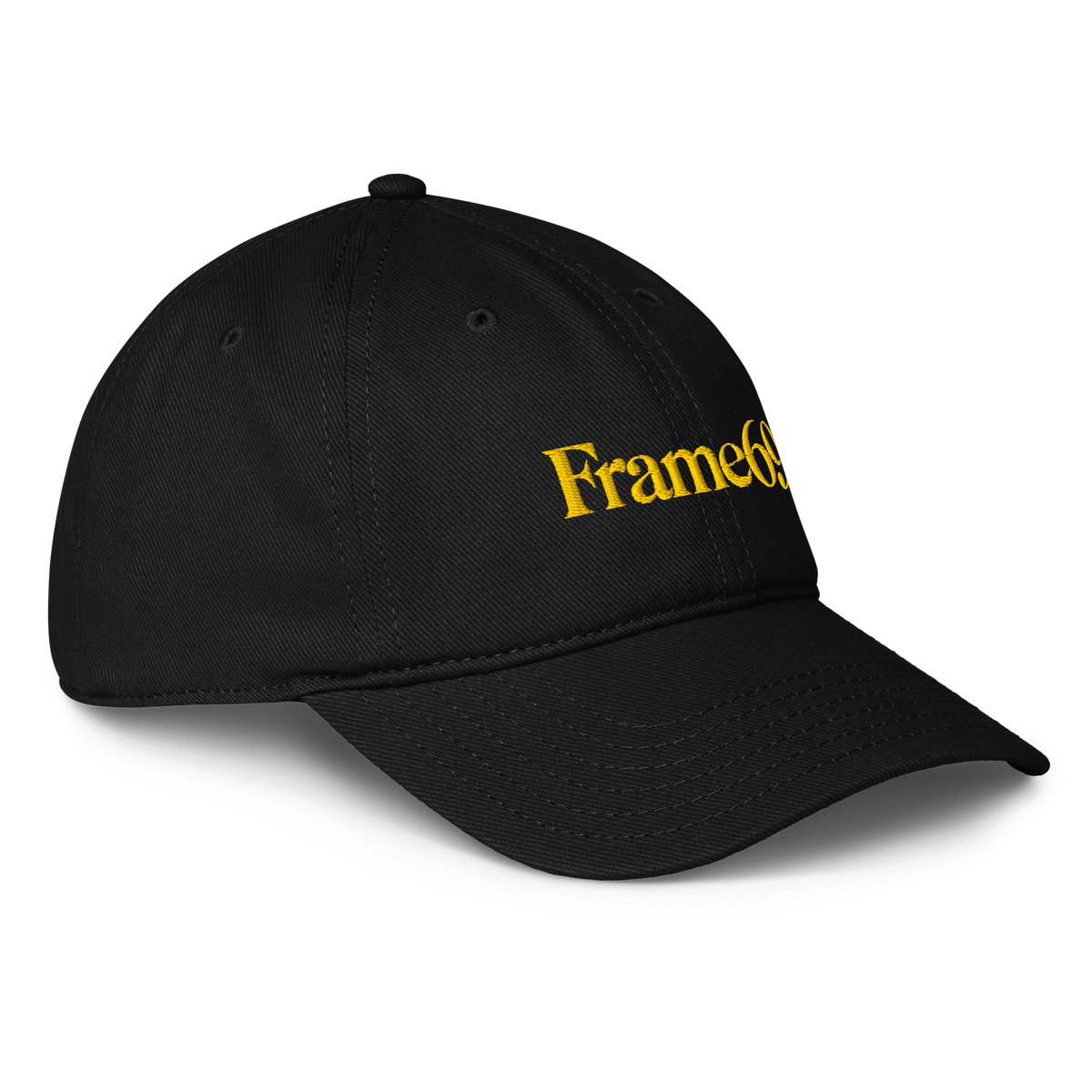 Black baseball cap with embroidered Frame69 logo and curved brim