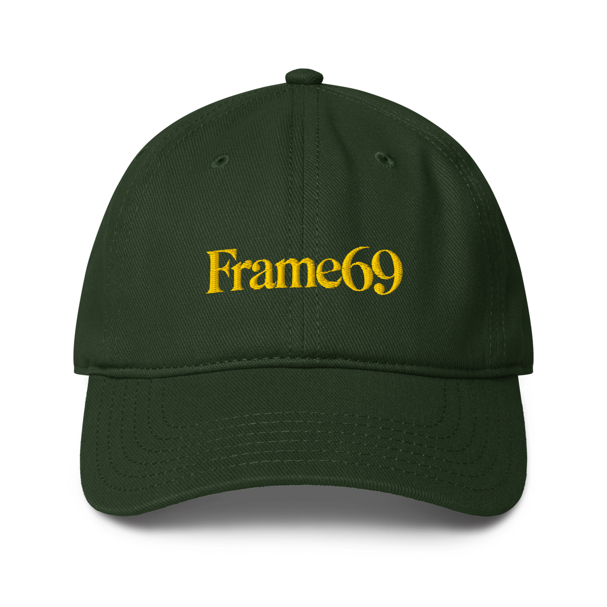 Classic cap in dark green with embroidered “Frame69” logo on the front panel