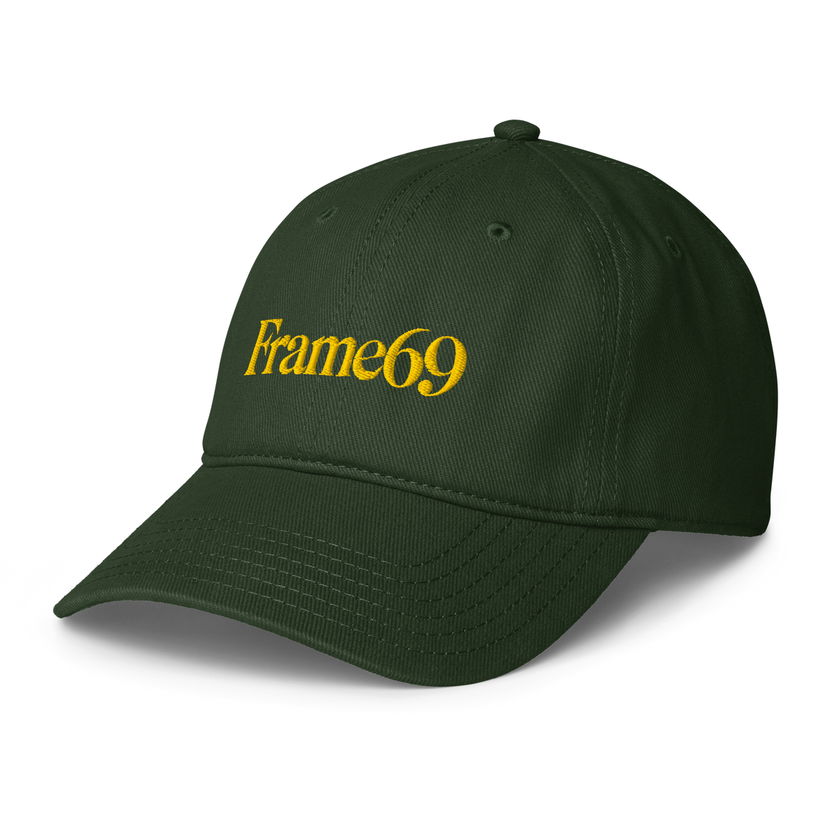 Dark green cap with Frame69 logo on front, curved brim, stitched panels, eyelets.