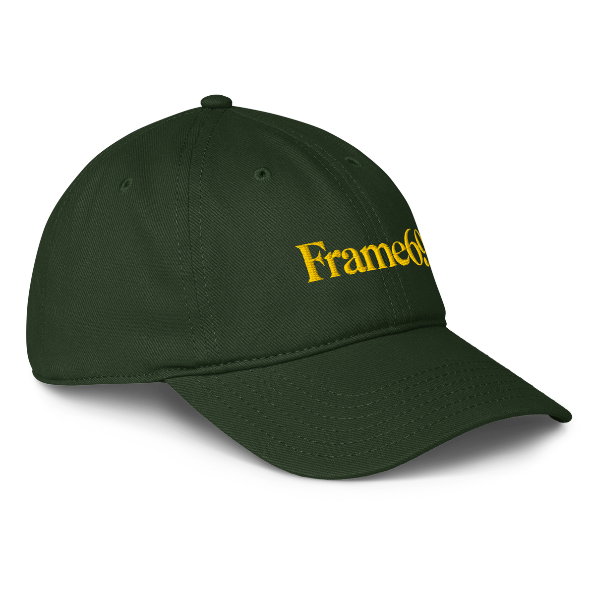 Dark green baseball cap with embroidered Frame69 logo and curved brim