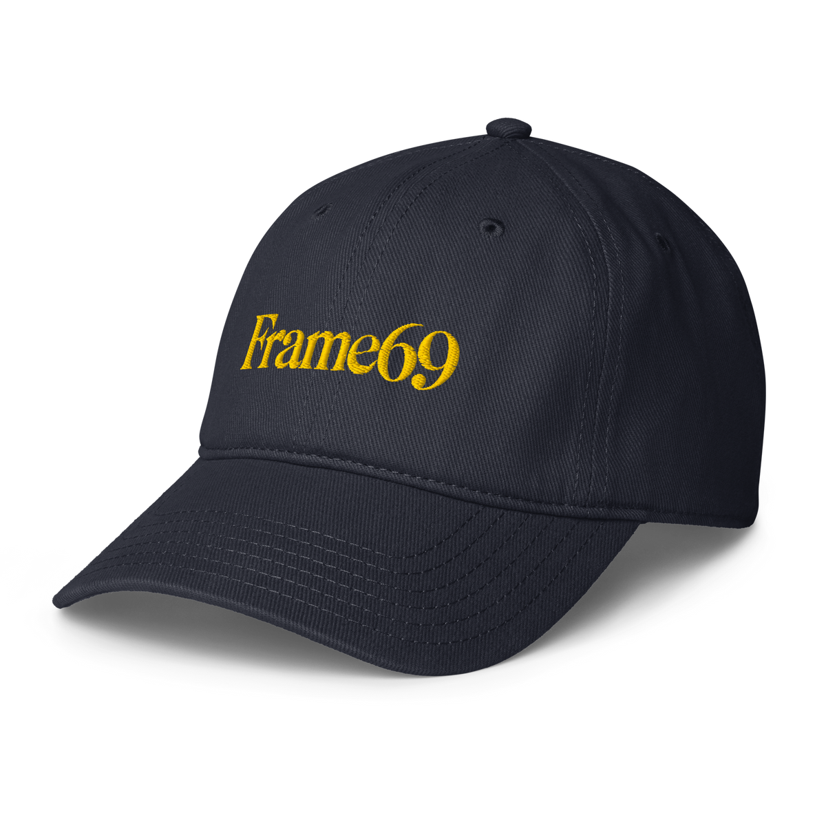 Dark navy cap with Frame69 logo on front, curved brim, stitched panels, eyelets.