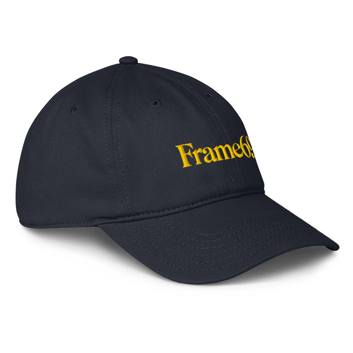 Dark navy baseball cap with embroidered Frame69 logo and curved brim